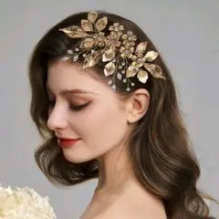 新品未使用！ゴールド花と葉のヘッドドレス・リーフ・フラワー・キラキラ・結婚式