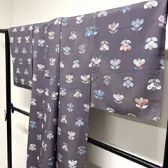 小紋　金彩　花模様　紗綾形地紋　くすみパープル　着物　103tz