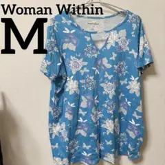 一点❣️Woman Within 花柄 [M] Vネック Tシャツ 半袖　水色
