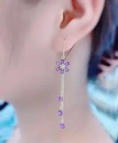 フックピアス 揺れる ロング キラキラ フラワー パープル×ゴールド