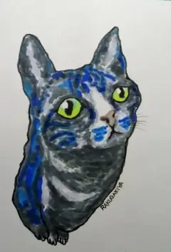 猫 猫の絵 絵 絵画 青 手描き 原画 アート ドローイング イラスト