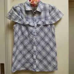 最終価格 フリル半袖シャツ 青白チェック柄 綿100