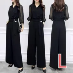 【Lサイズ】オールインワン　キレイめ　フォーマル　パーティードレス黒　結婚式　V