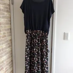 【バックナンバー/ライトオン】美品✨ネイビー花柄ロングワンピース 半袖