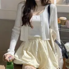 GRL クロップド丈 リブカーディガン F ホワイト 長袖 きれいめ 羽織り