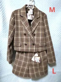新品未使用　ブラウン　チェック柄ジャケットとショートパンツセットアップ　M L