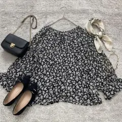 【mystic】花柄シアーブラウス 長袖 首元リボン