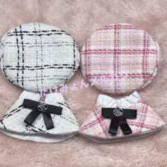 ぬい服10㎝　着ぐるみ服　着せ替え　ポンチョ　2枚セット白　ピンク　ツイード服