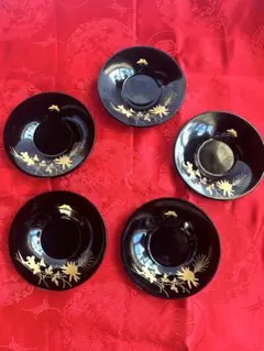 輪島塗 茶托 純金手描蒔絵 -黒-漆塗り 茶托5客セット 和食器 懐石道具 美品