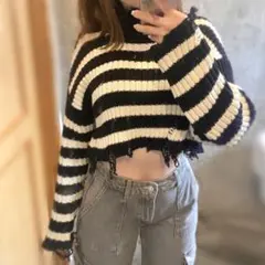 ZARA ザラ　ニット　ダメージ　クロップド　ボーダー