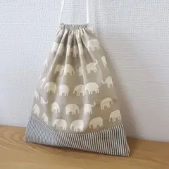 【再販】40×35㌢　グレーぞうさん×白ストライプの巾着袋L