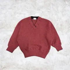80s ヴィンテージ　Vネック　ニット　セーター　ボルドー　リブ編み　短丈