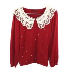 one way レース襟 長袖カットソー レッド パール装飾 レディース
