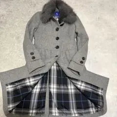 バーバリーブルーレーベル ロングコート アンゴラ混 ファー ノバチェック M
