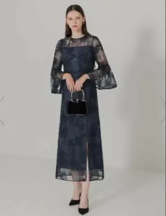 LEJA スパンコール刺繍レーススリーブIラインロングドレス