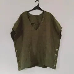 la nature 麻100% トップス カットソー グリーン フレンチ袖