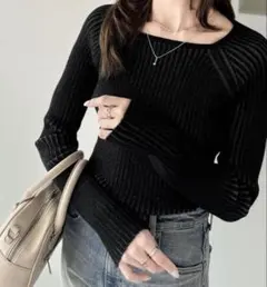即、大人上品に♪プレーティングリブスクエアネックニットプルオーバー（長袖）