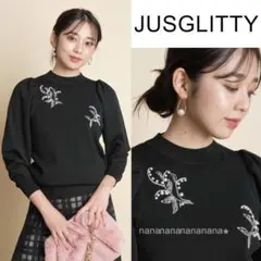 新品 ジャスグリッティー 8分袖配色ビーズ刺繍 プルオーバー