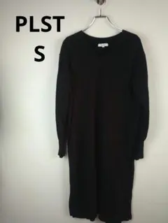 【美品】PLST☆サイド深スリット 黒 Vネック ニットワンピース S