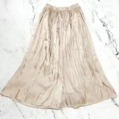 クローブ　プリーツスカート　ロング　フレア　光沢　ウエストゴム　M　ベージュ