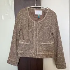 ノーカラーツイードジャケット フリンジ付き ブラウン S