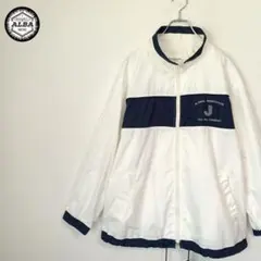 ナイロンジャケット　刺繍　ジップアップ　ヴィンテージ　白　ホワイト　紺　ネイビー