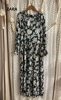 ZARA*完売ロングフレアワンピース*レーヨン*モスグリーン花柄ペイズリー柄M