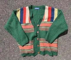 90sCREATIVE one ヴィンテージ 総柄ニットカーディガン緑古着レトロ