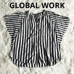 グローバルワーク　ストライプ　半袖シャツ　レーヨン100% ネイビー　白　M