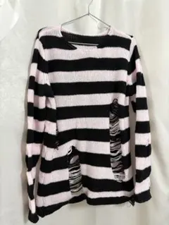 ダメージボーダーニット　黒ピンク　地雷　パンク　サブカル