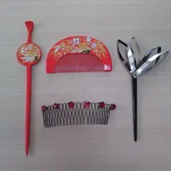 赤い花柄かんざしセット