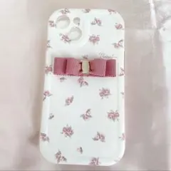 ハンドメイド iPhone13ケース ピンク リボン 姫系 花柄 ローズ