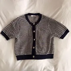 CHILD WOMAN 透かし編み ボーダー柄 半袖ニットカーディガンのサムネイル