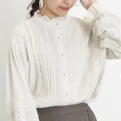 サマンサモスモス　フリルスタンドカラーレースブラウス　Sグレー