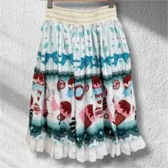 【XS】 アイス 総柄 膝丈スカート 裾レース ウエストゴム ミントグリーン