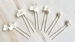 ホワイト花装飾ヘアピン6本セット（パールシール3~6ミリ付き）