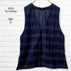 アズールバイマウジー ベスト 深Vネック チェック 紺 S キレイめ 重ね着