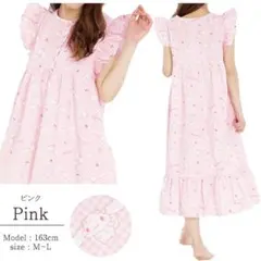 新品60640シナモロールピンクフリルワンピースＭ〜L半袖パジャマルームウェア