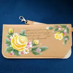 #黄色バラと小花のメガネケース ループ付き、トールペイント