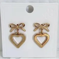 新品✨リボン ハート ピアス ゴールド 揺れる コケット 韓国