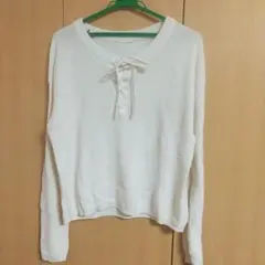GU ホワイト レースアップリボン 長袖 ニット セーター L