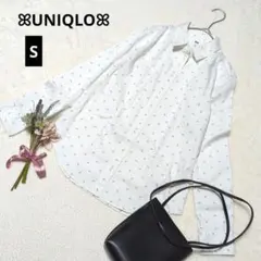 408♡美品 ユニクロ 花柄長袖シャツ【S】白 ストライプ オフィスカジュアル