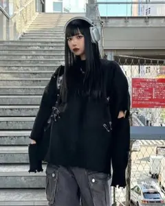 【韓スト】セール価格KSG オーバーサイズダメージ安全ピンニット XL ブラック