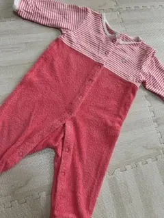 ファミリア　赤色ボーダー　タオル生地　ロンパース