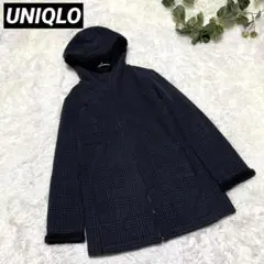 ユニクロ【L】ボアフリースコート　フーディ　チェック柄　グレー　レディース