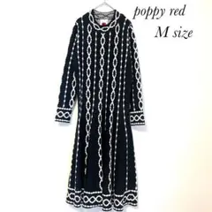 ポピーレッド ニットロングワンピース ストライプ柄　ブラック M a0486