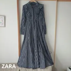 ZARA ロング ワンピース チェック 比翼 S ネイビー