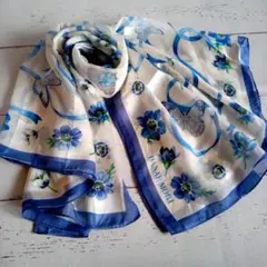 【中古品】HANAE MORI スカーフ 大判 ブルー系 花 蝶 リボン