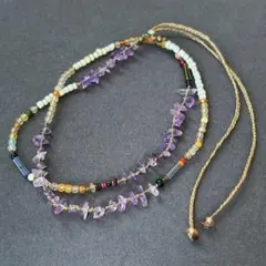 天然アメジスト細石 ワックスコード ネックレス 民族 アフリカン ヴィンテージ風