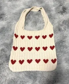 アイボリー ハート模様 ニットトートバッグ
